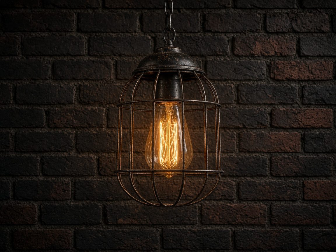 Industrial cage pendant with an Edison bulb against a brick wall